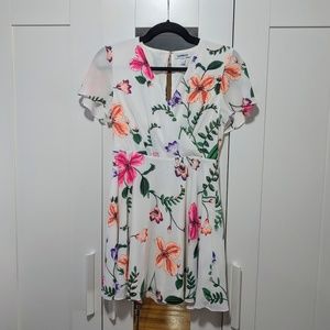 White Floral Flutter Sleeve Dress